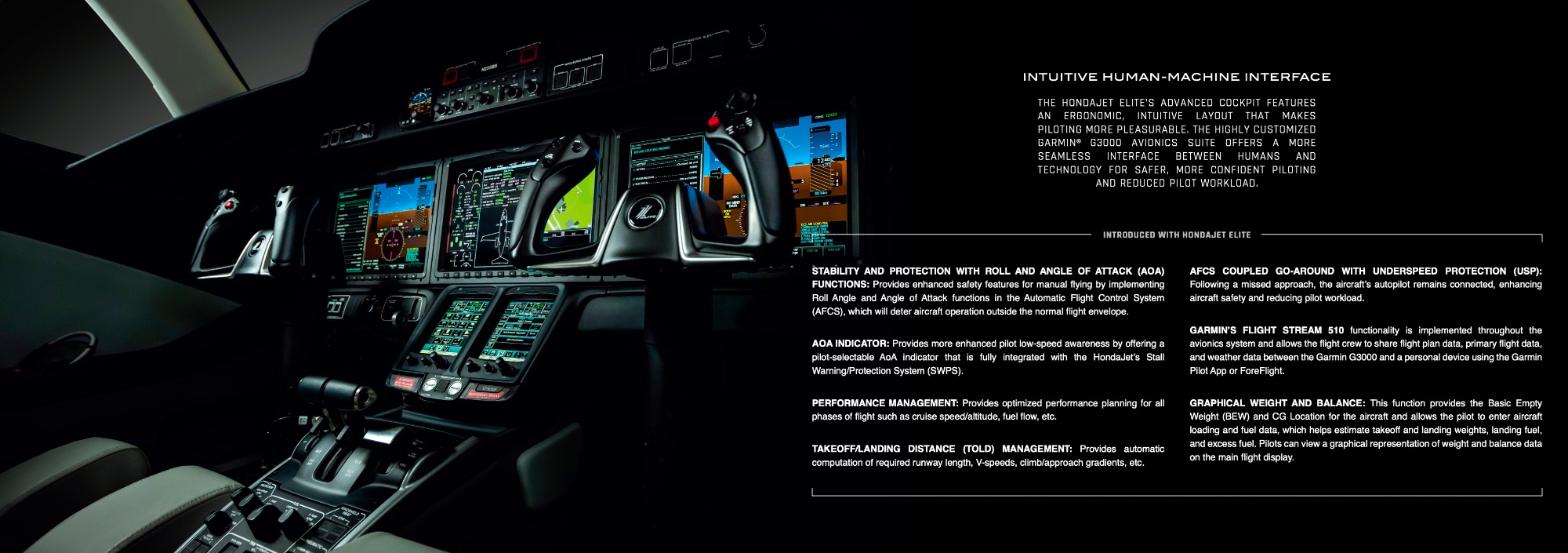 HondaJet Elite brochure — cockpit spread